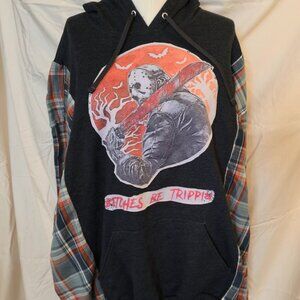 Upcycled graphic Hoodie with Plaid Sleeves